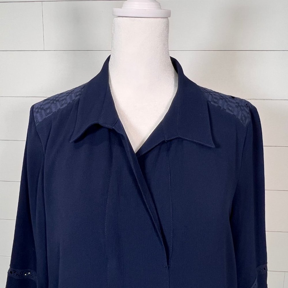 Karl Lagerfeld Eyelet Embellished Navy Blue Midi Sheath Dress Size M - Picture 3 of 12